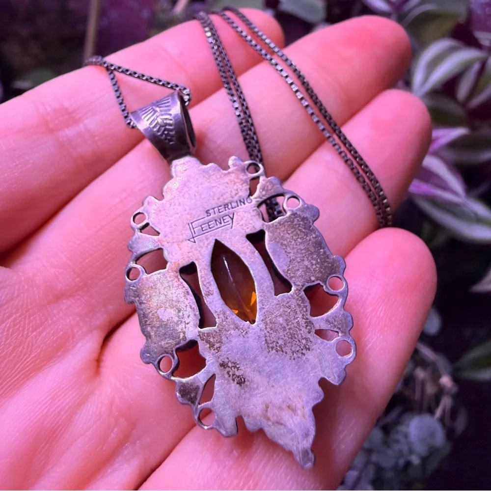 Vintage Feeny Sterling Silver Rainbow Opal Necklace Onyx Pink 925 - Picture 5 of 7